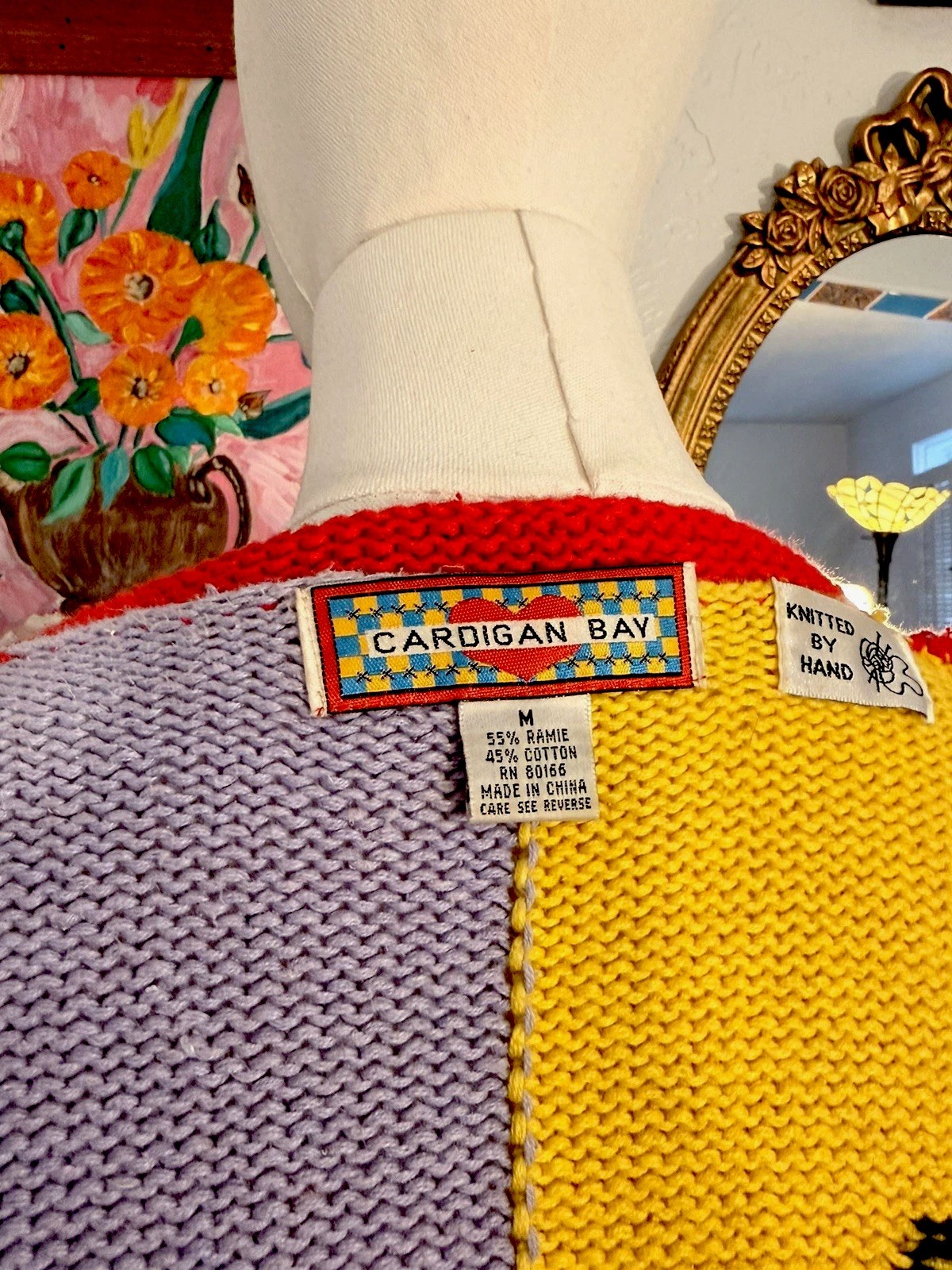 Vintage Cardigan Bay Knitted by Hand Cats Multicolored Size M Women’s