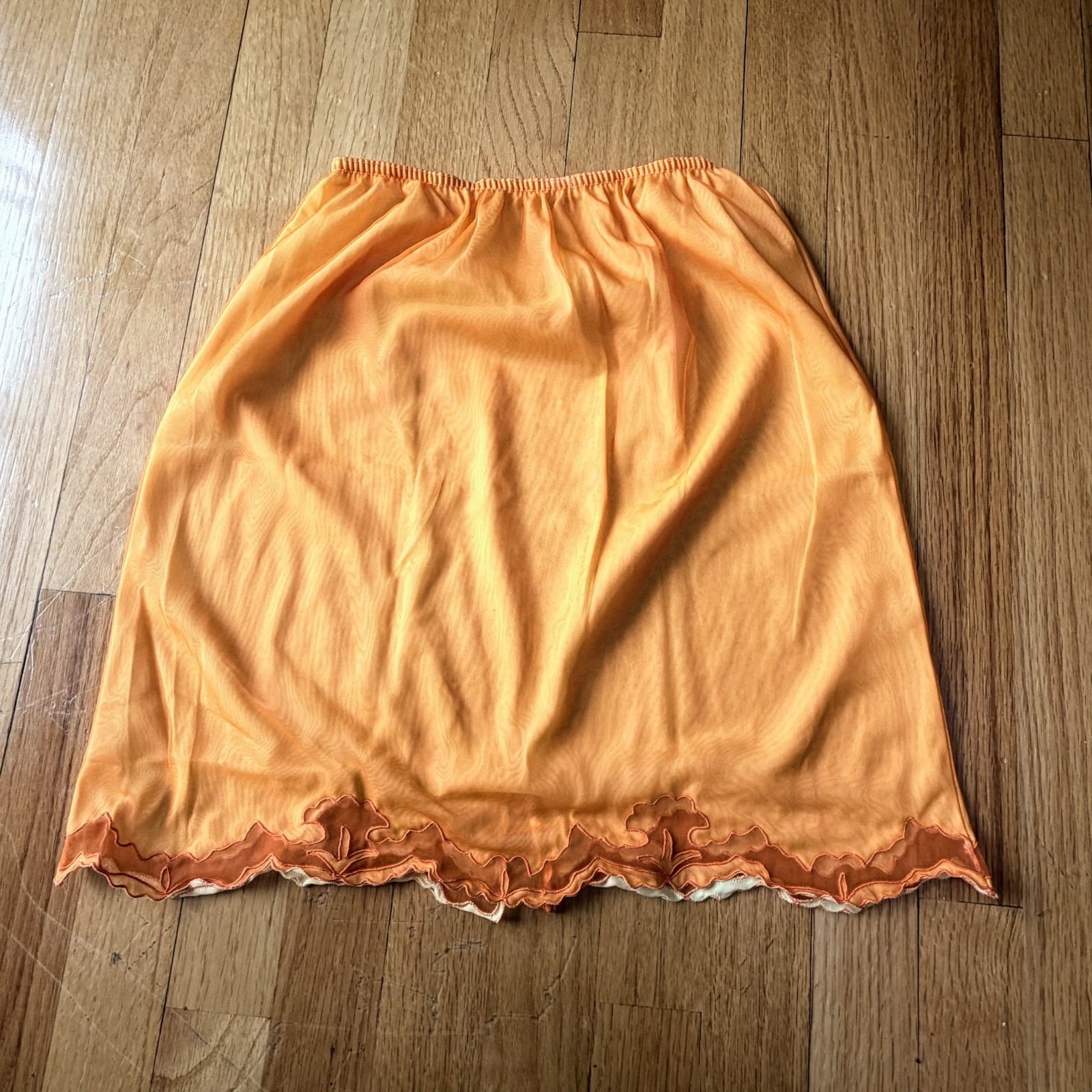 Vintage Orange Mini Skirt Half Slip Medium Ivory USA Union Lace Trim Floral 50s