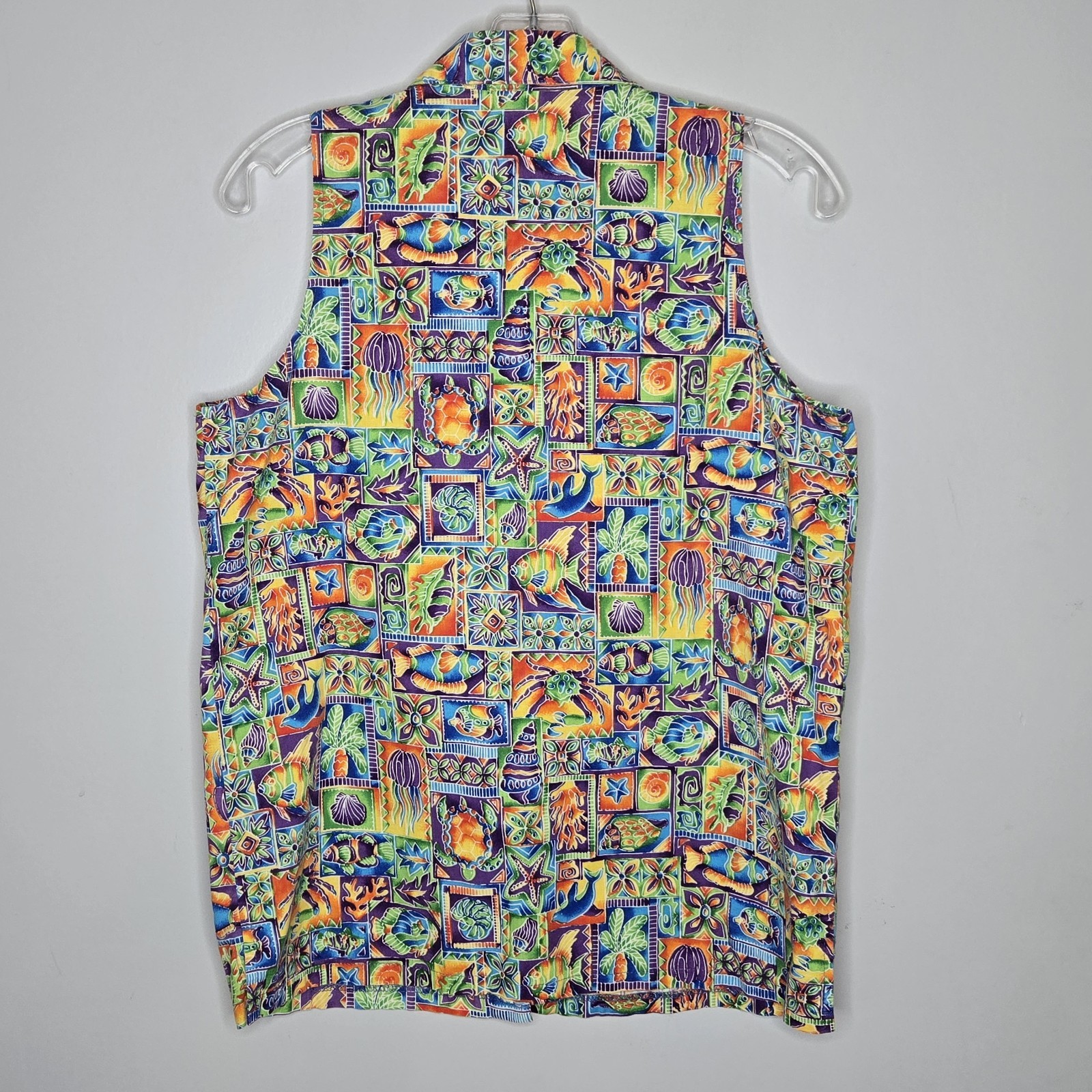 ​Vintage 90s Toucan Dance Tropical Fish Sea Life Sleeveless Blouse Button Down L