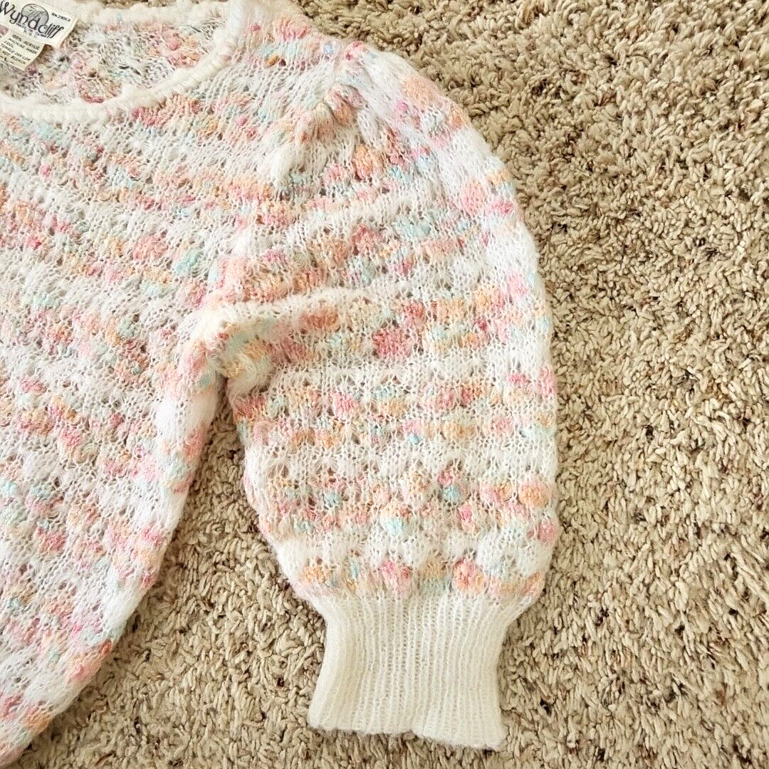 Vintage Womens Open Knit Sweater Large Feminine Coquette Pastels Puff Sleeves