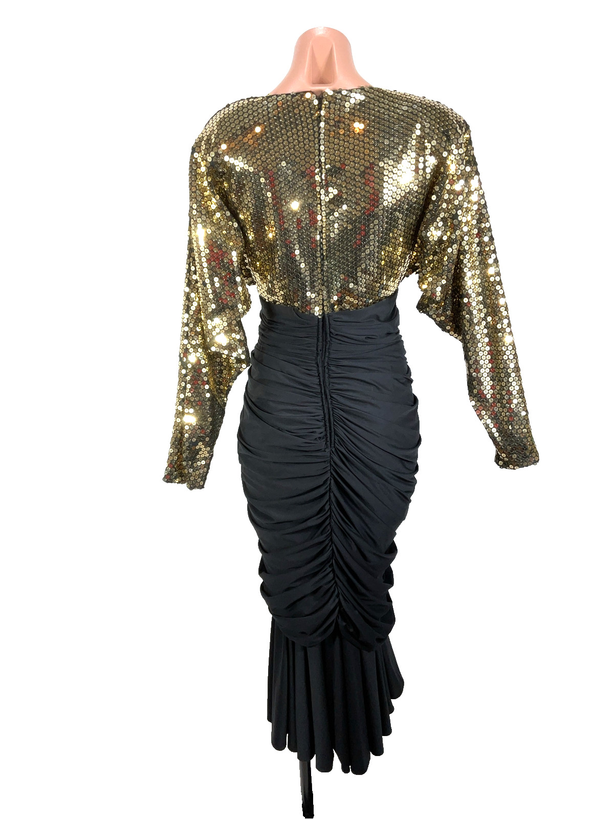 Tadashi VTG Formal Gold Sequin Ruched Draped Cocktail Party Dress Holiday NYE