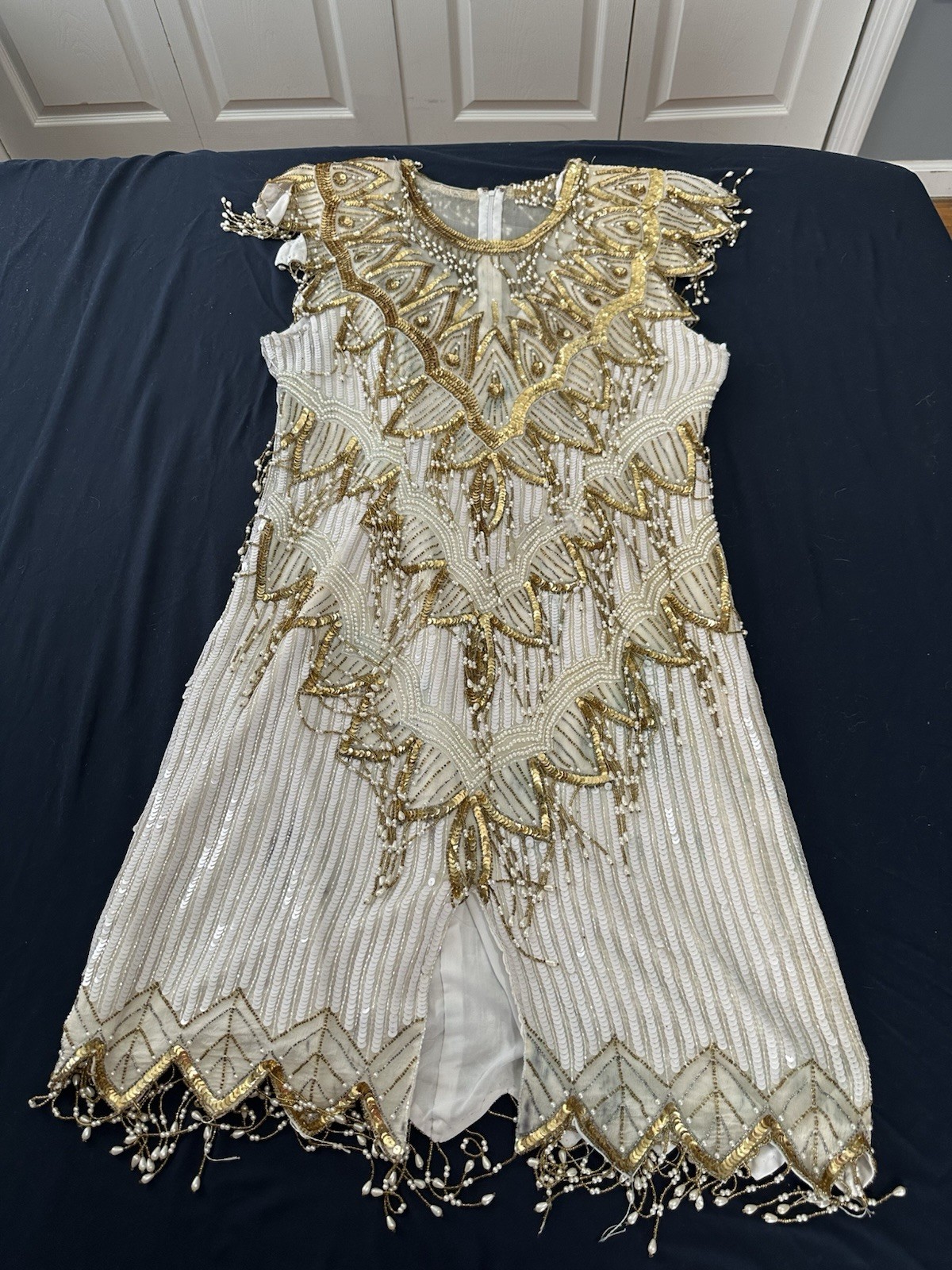 Vintage Gold/Ivory Sequin & Bead Flapper Dress XL