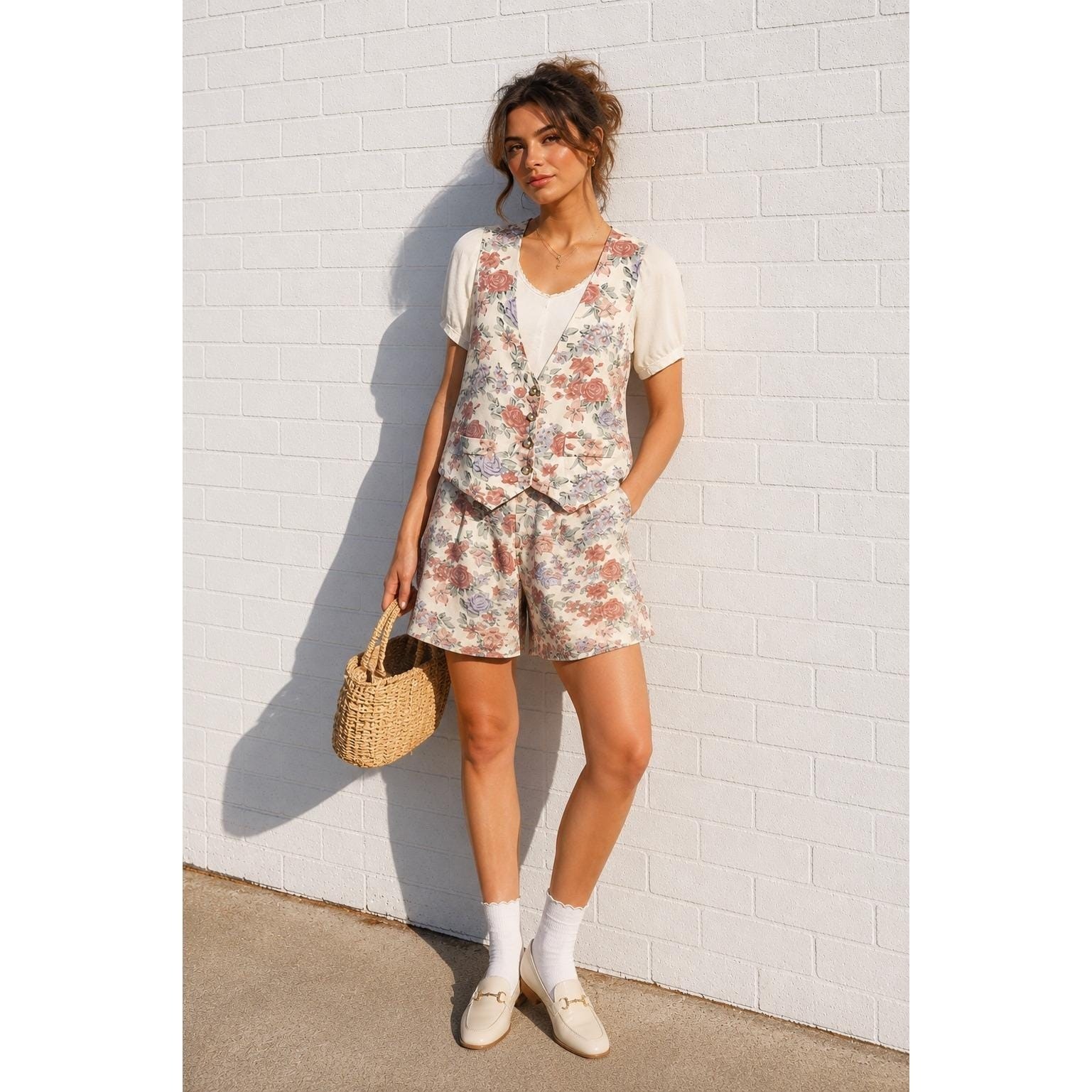 Vintage 90s Floral Rayon Vest Shorts Matching Set Cottagecore Tea Party L
