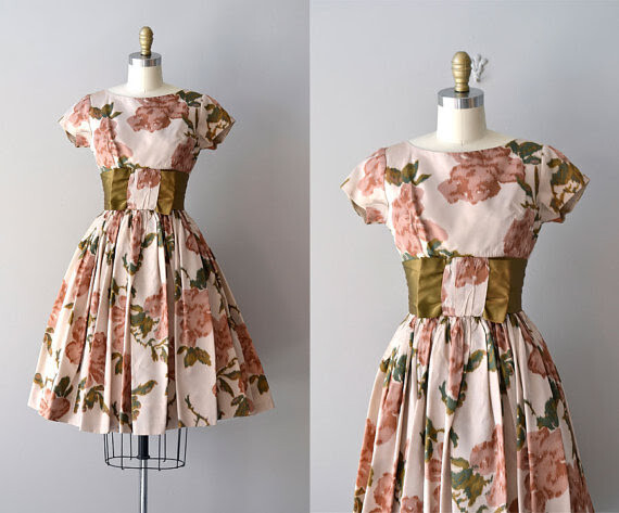 Vintage 1950s Floral Dress XS w Bow Soft Autumn Colors Olive Dusty Peach Blush
