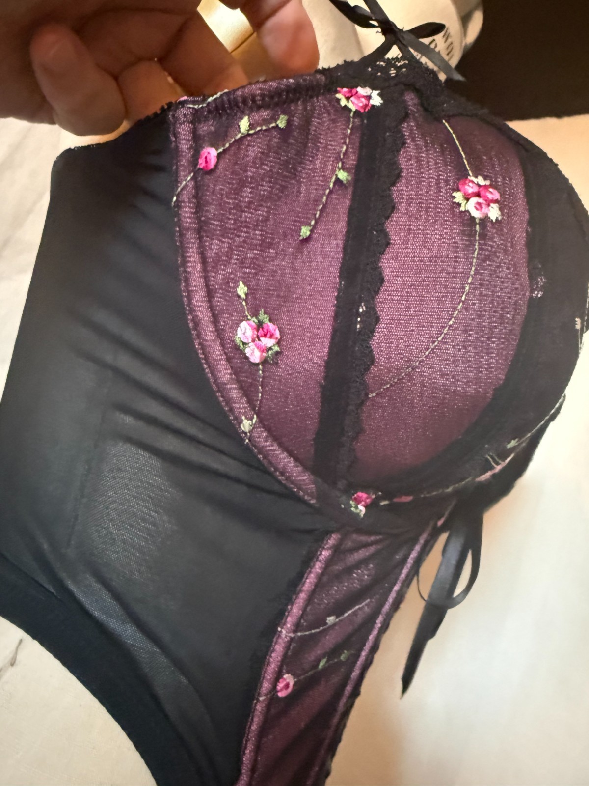 LACE FRONT CORSET BUSTIER „ENCHANTED” SHEER BLACK NYLON w EMBROIDERED CUPS 42DD