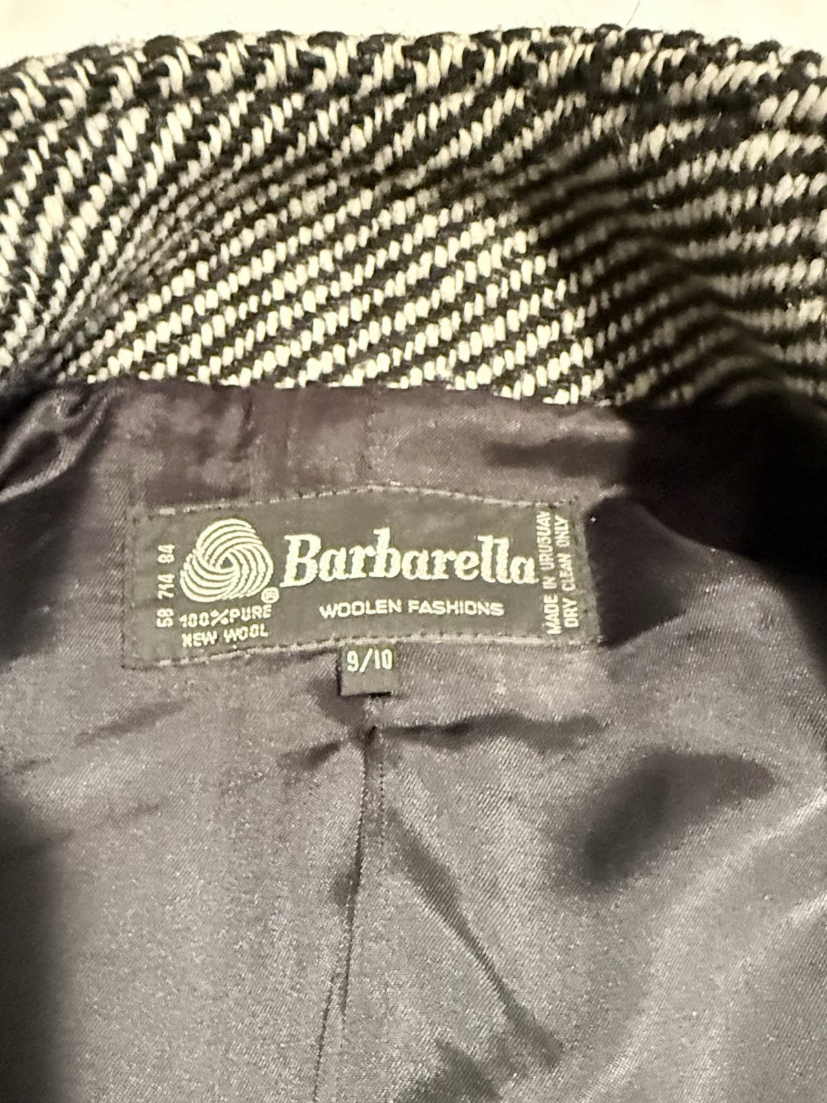 Vintage Women’s Barbarella 100% Pure New Wool Black & White Tweed Pattern Sz9/10