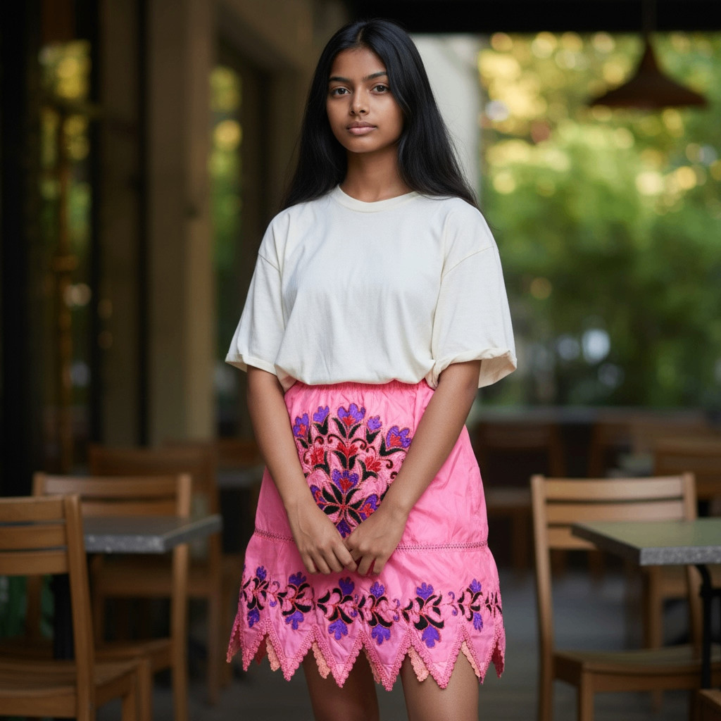 Pink Floral Embroidered Scalloped Mini Skirt Elastic Waist Bohemian Festival