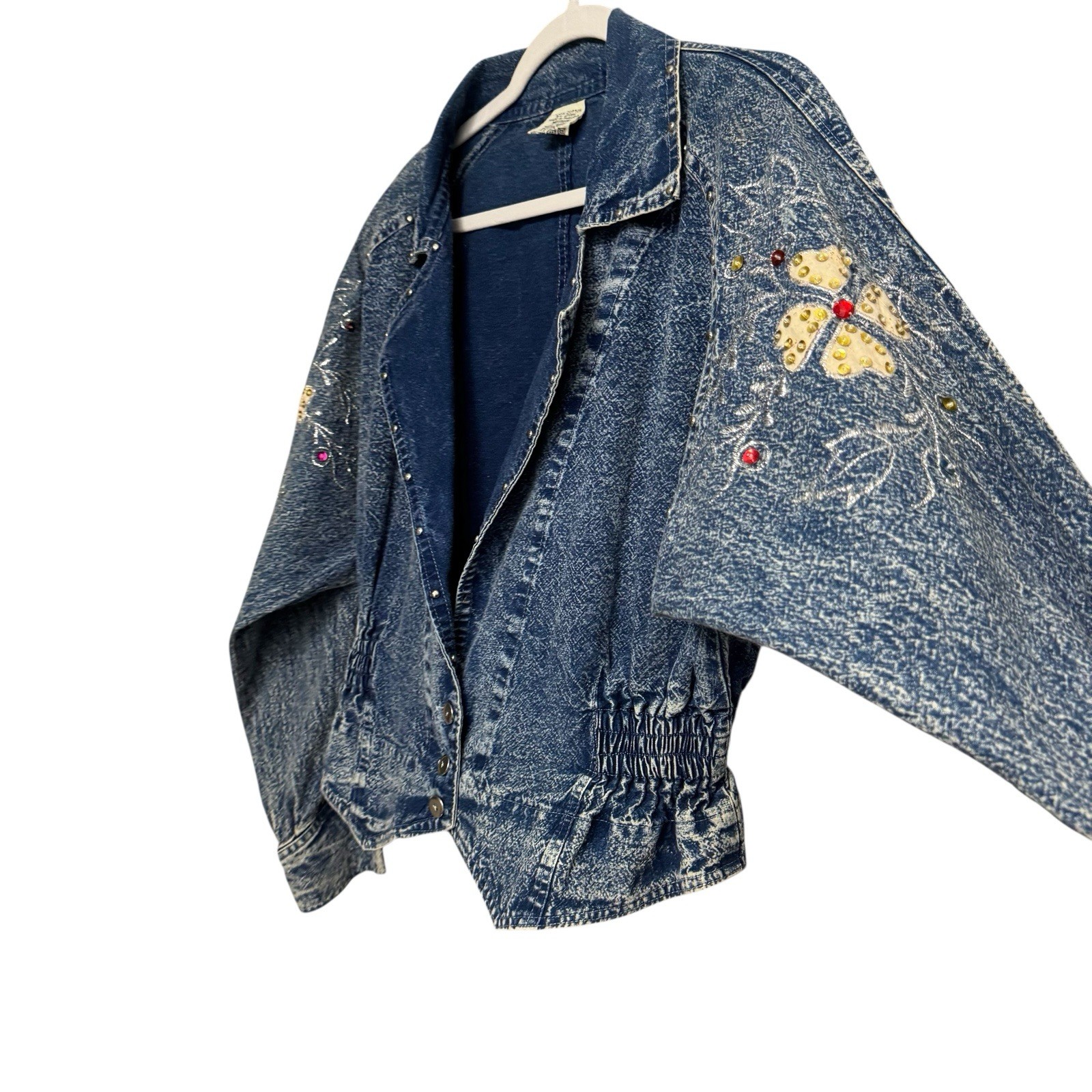 80s Denim Jacket Short Acid Wash Floral Embroidery Embellished Crop Sz M Vtg EUC