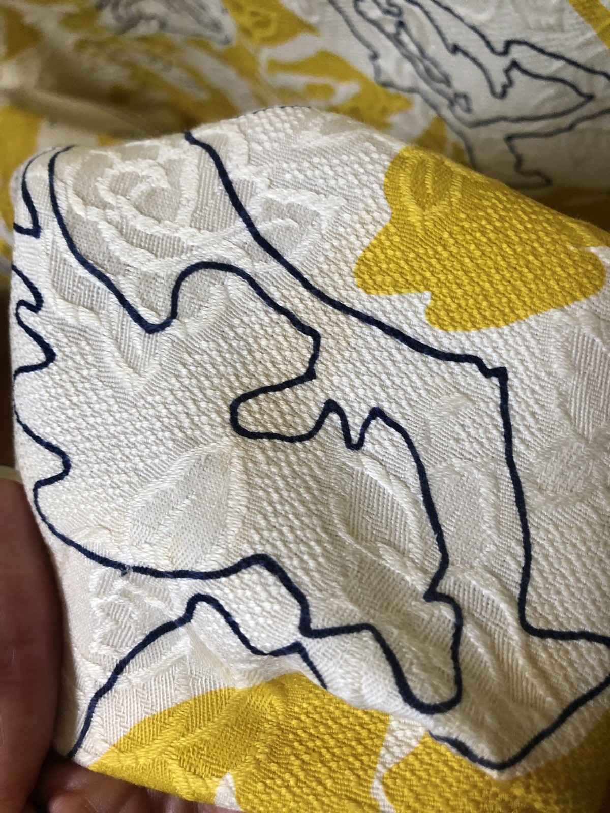 Mid Century Abstract Yellow, White, & Navy Blue Maxi Dress, M