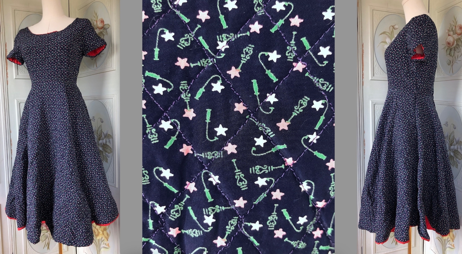 VTG 50s RAYON? QUILTED FULL CIRCLE DAY DRESS BLUE PINK GREEN NOVELTY STARS EUC