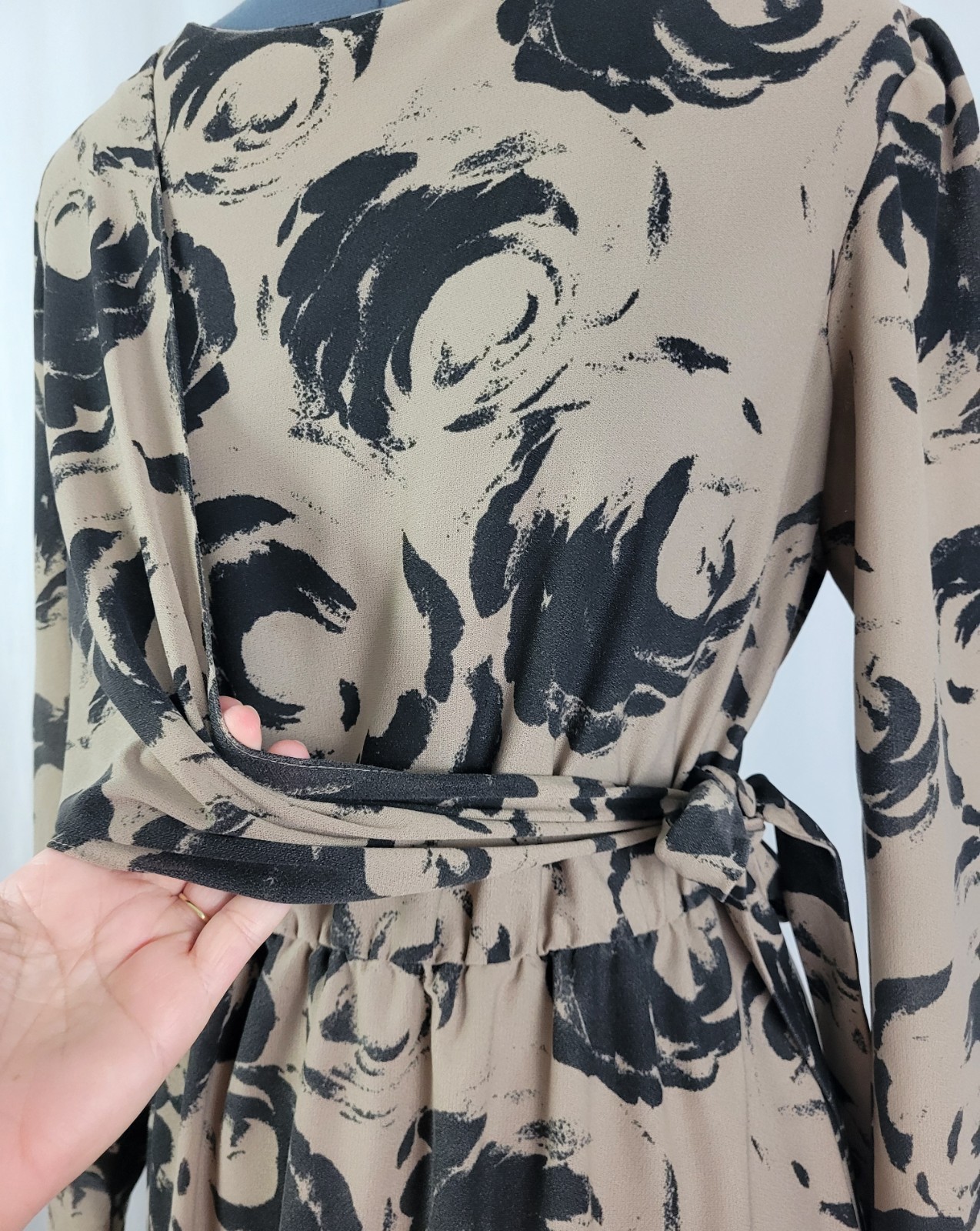 Vintage Marti Petite Brown & Black Blouson Dress w Overlay Wrap Size 16