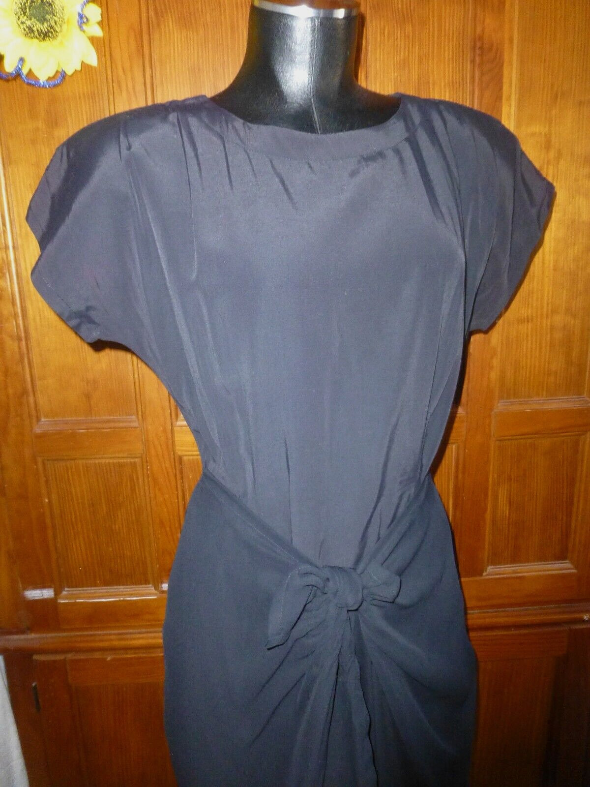 Vtg 80s Black Sarong Wrap Chiffon Skirt Retro Cocktail Sheath Midi DRESS M L