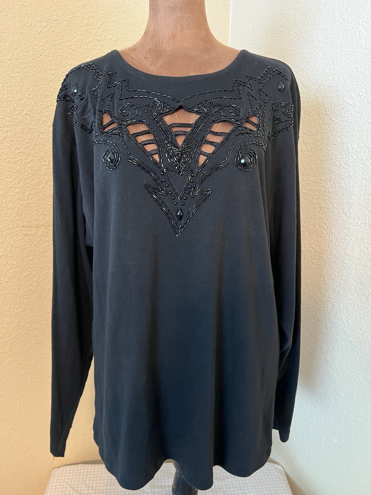 Vintage 80’s I.B Diffusion Black Beaded Long Sleeve Cotton Top Women’s L