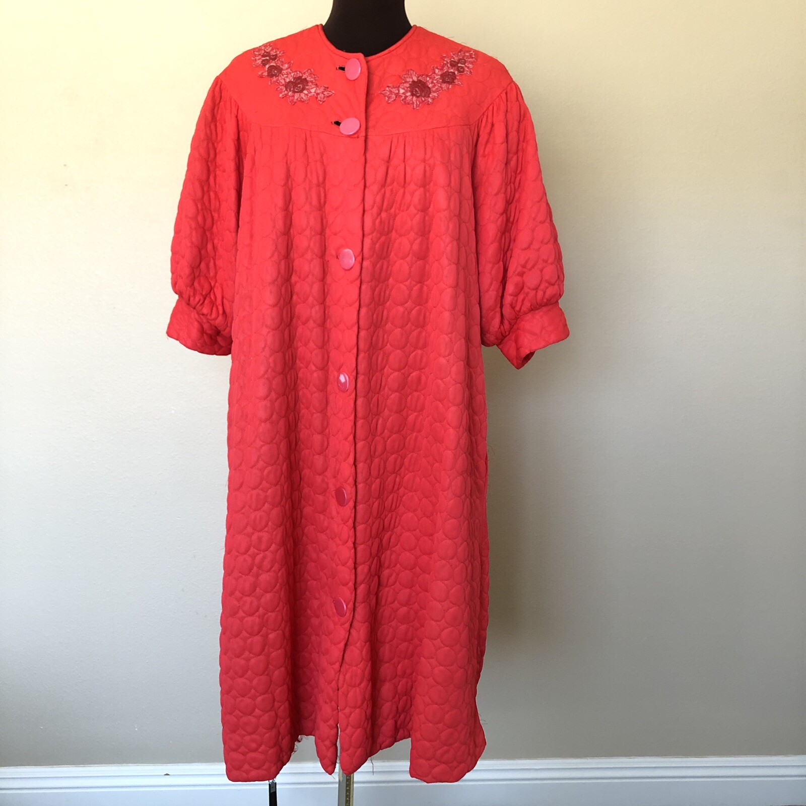 50’s 60’s Vintage Quilted House Dress Robe Red Pockets Applique No Label