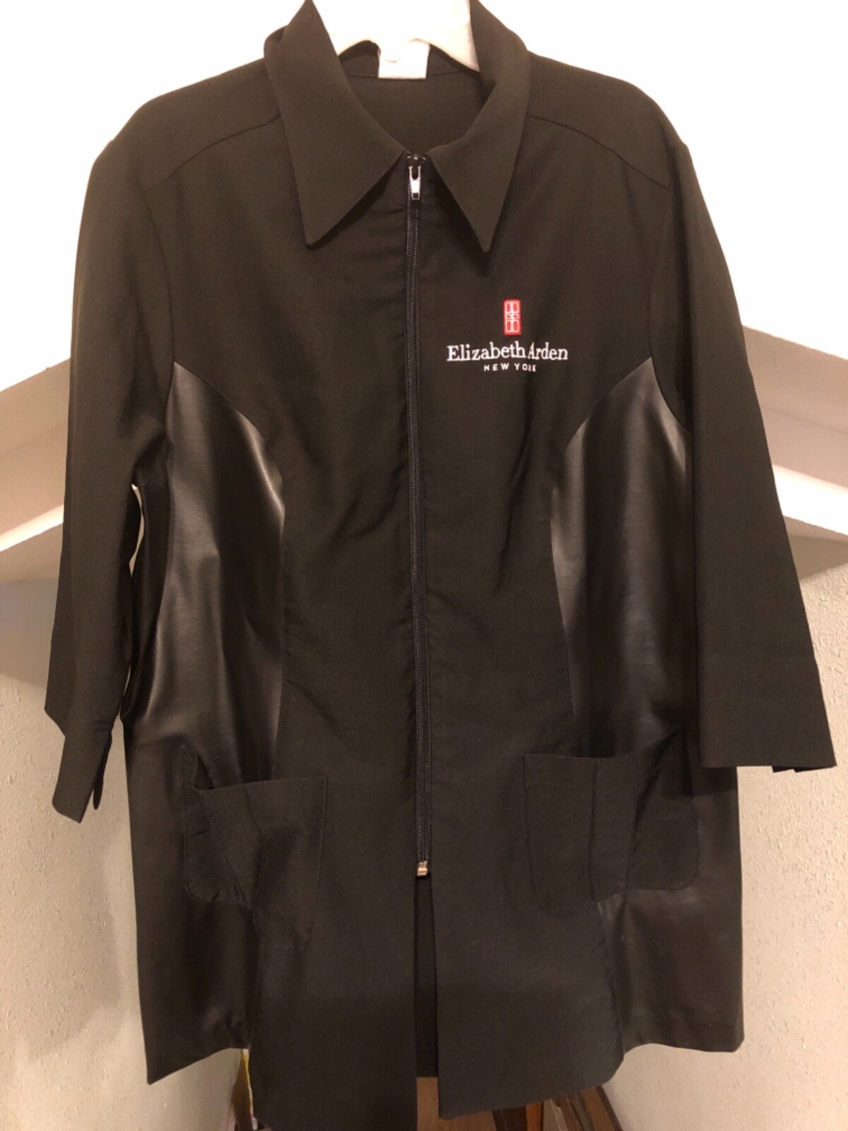 Elizabeth Arden Pleather Cloth Jacket Smock Uniform Top mid Sleeves Pockets
