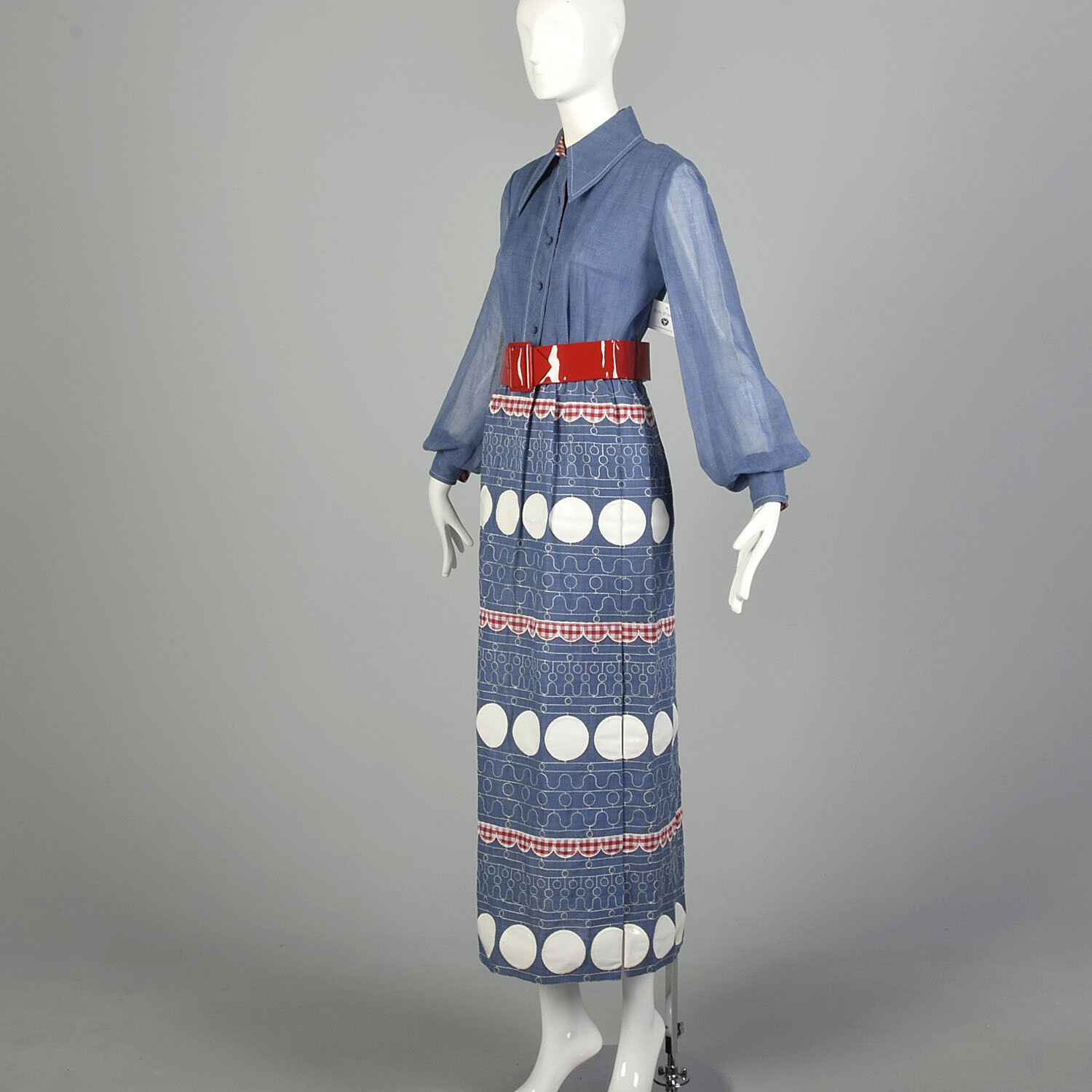 Small 1970s Estelle Albus Chambray Maxi Dress with Vinyl Polka Dots VTG 70s