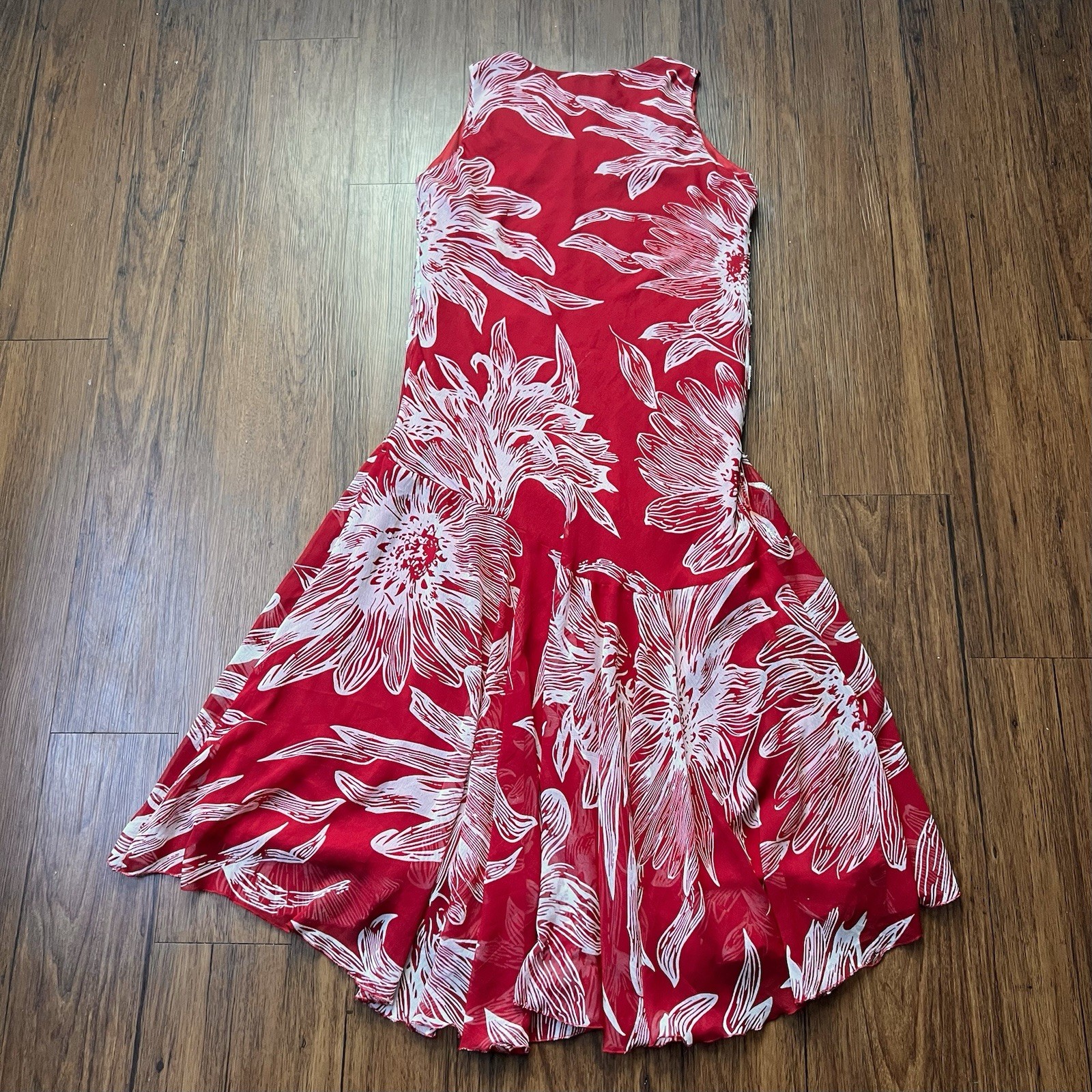 Vintage 90’s Midnight Velvet Maxi Dress Large Tropical Red Chiffon Sequin Bias