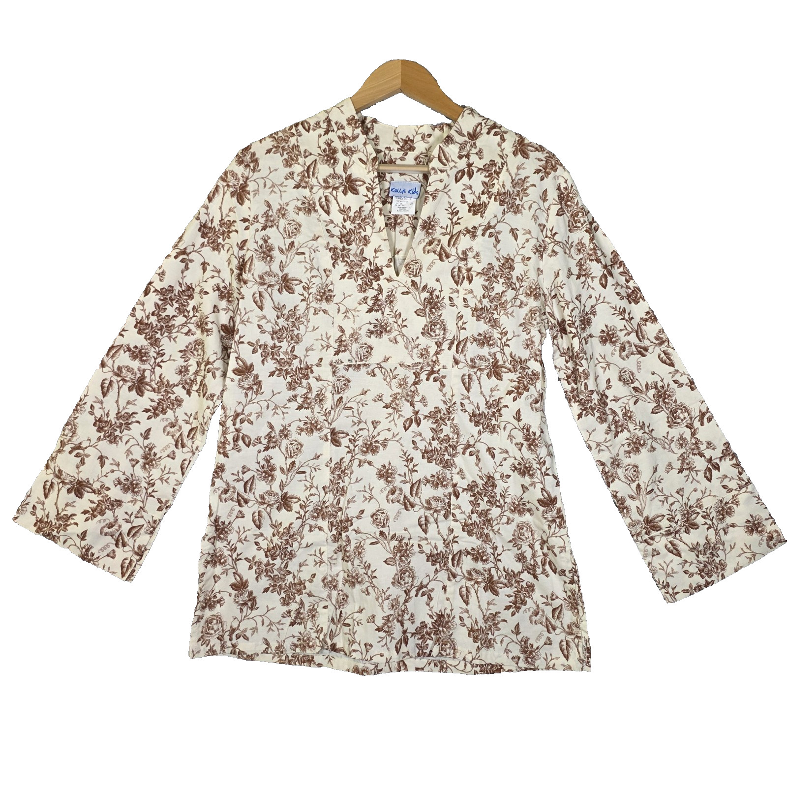 ​Vtg 90s Kellys Kids Brown Toile de Jouy Blouse Bell Sleeve Tunic Top Adult S M