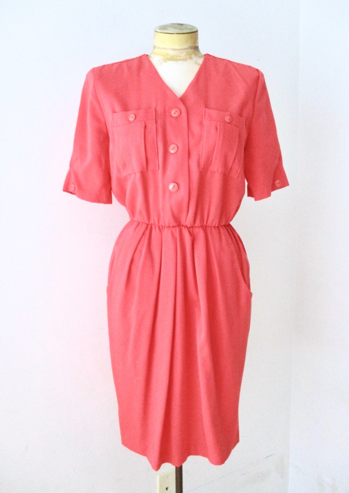 Vtg 80s New Wave Coral Pink Poly Rayon Secretary Dress Big Shoulders Pockets 8P