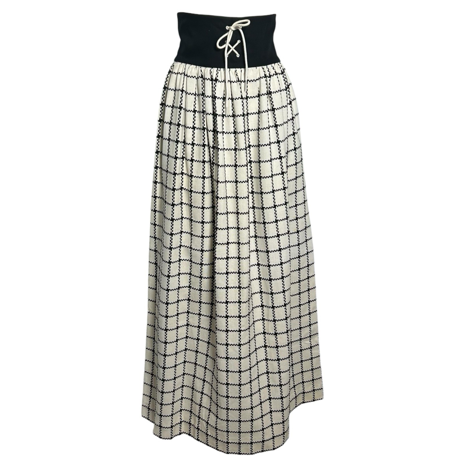 Vintage 70s Grid Check Maxi Skirt XS High Waist Lace Up Black Cream Long
