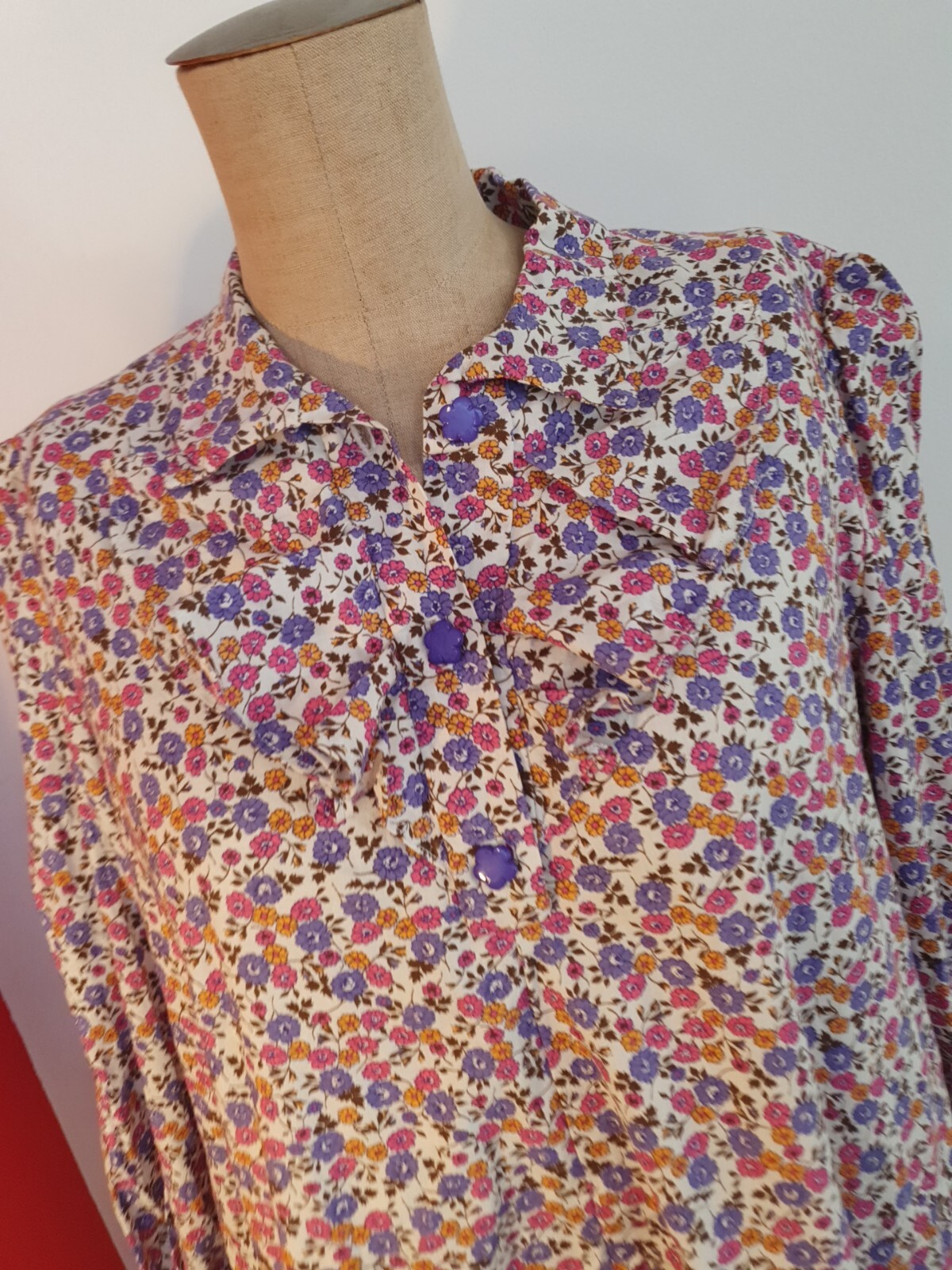 VINTAGE Handmade 70s Cotton Dress M-L Floral A-Line Ruffle AU 12-14