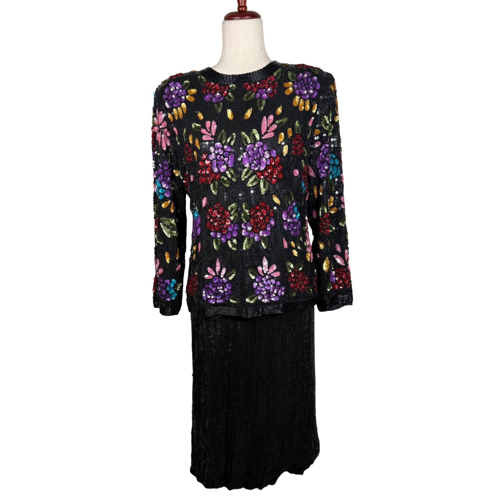 Jean for Joseph Le Bon Sequin Silk Two Piece Set Womens L Black Floral Vintage