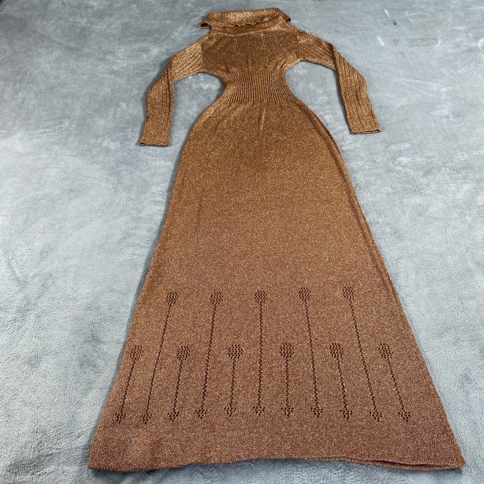 Vintage Wenjilli Maxi Dress Women 7/8 Metallic 70s Turtleneck Lurex Knit Gown