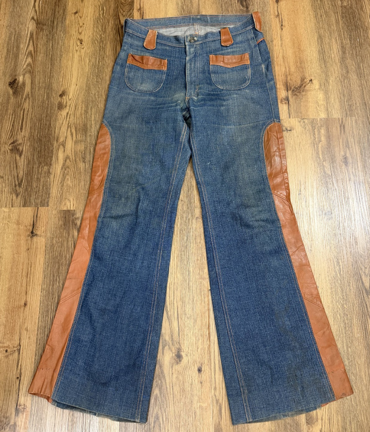 Vintage 1970s Bell Bottom Denim Jeans Leather Trim Disco 34