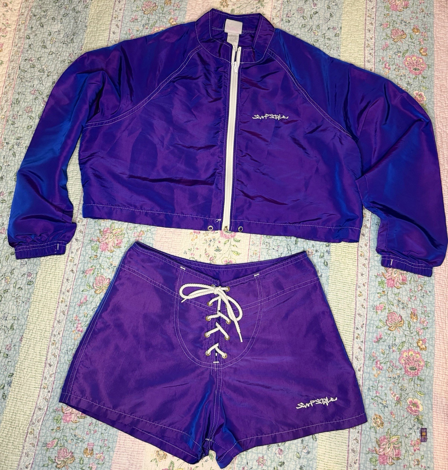 VTG 90s Y2K Surf Style Purple Iridescent Windbreaker Jacket & Board Shorts SM