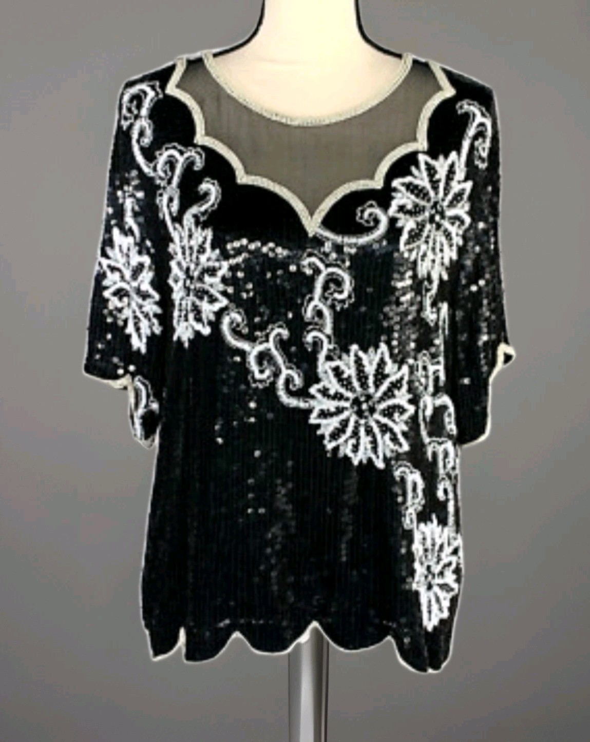 Vintage Royal Feelings Silk Blouse Womens XL Beaded Sequins Floral Design Top