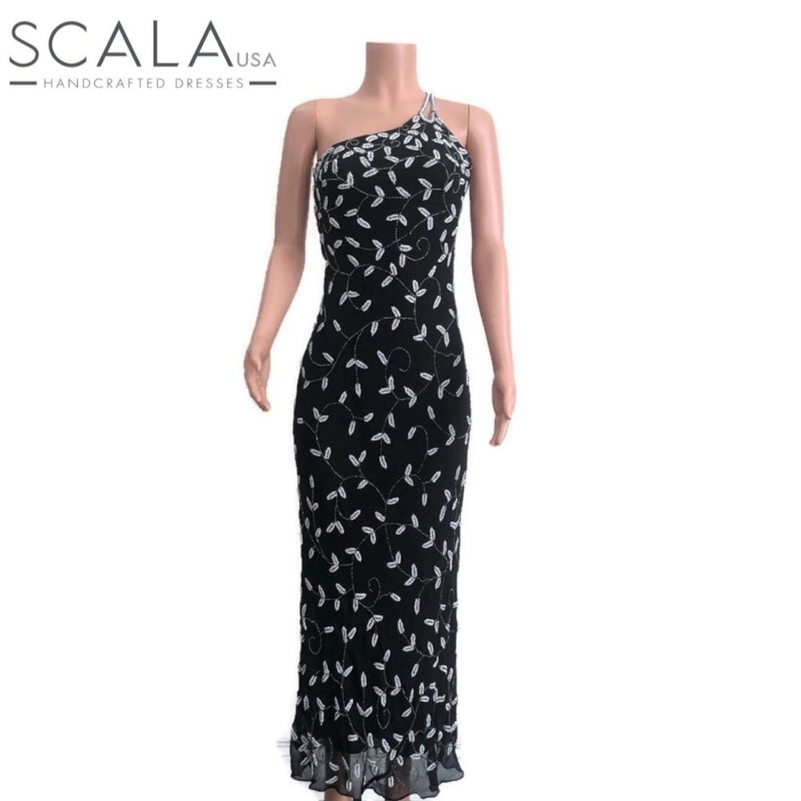 VINTAGE Scala blk/white one shoulder bead dress