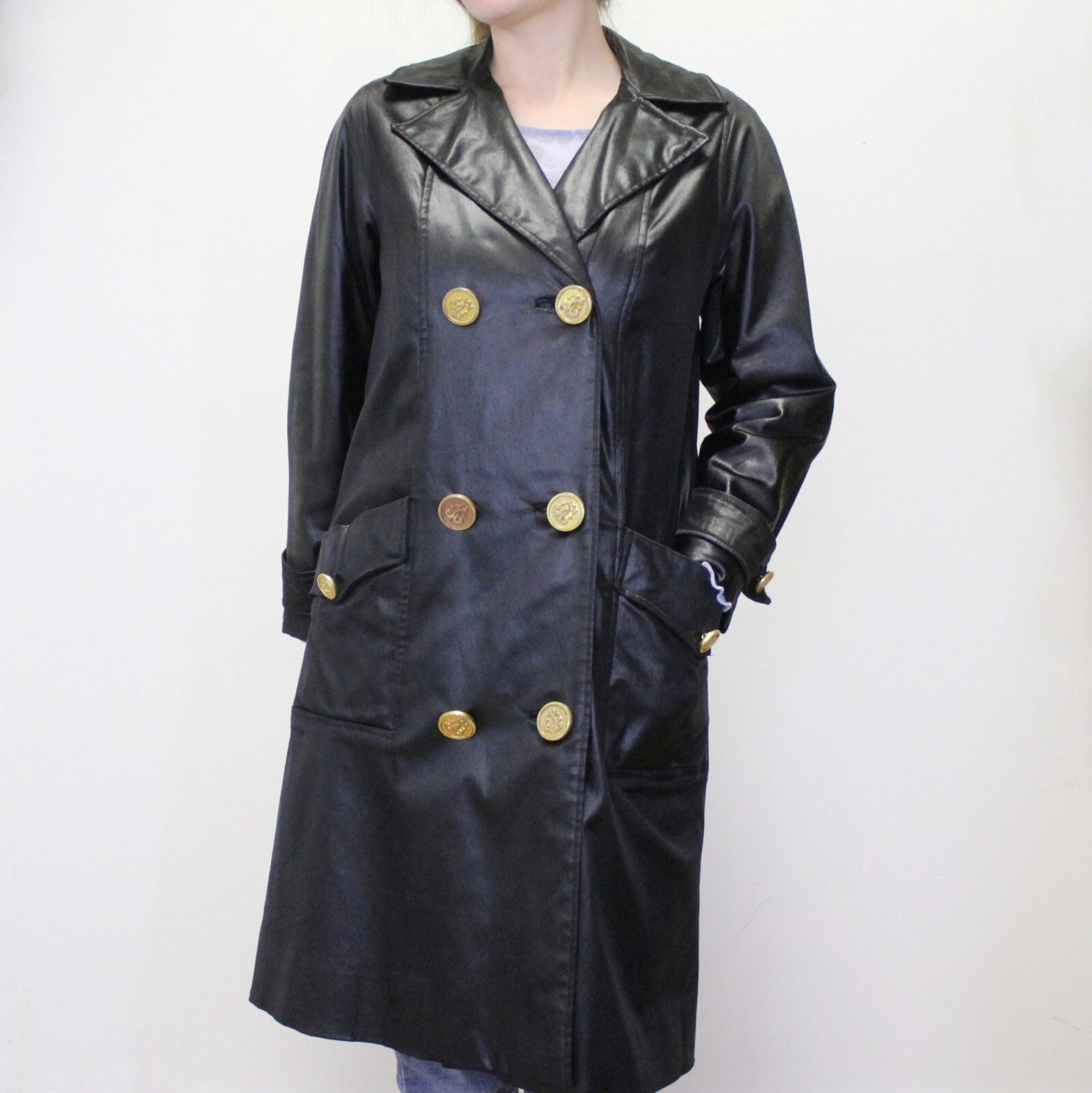 Vintage 60s Gothic Mod Black Satin Trench Coat by Count Romi Double Breasted