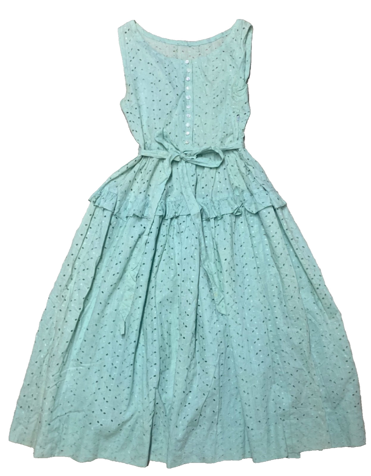 Vintage Dress 1950s Eyelet Midi Sundress Teal Blue Retro Sleeveless Button Up