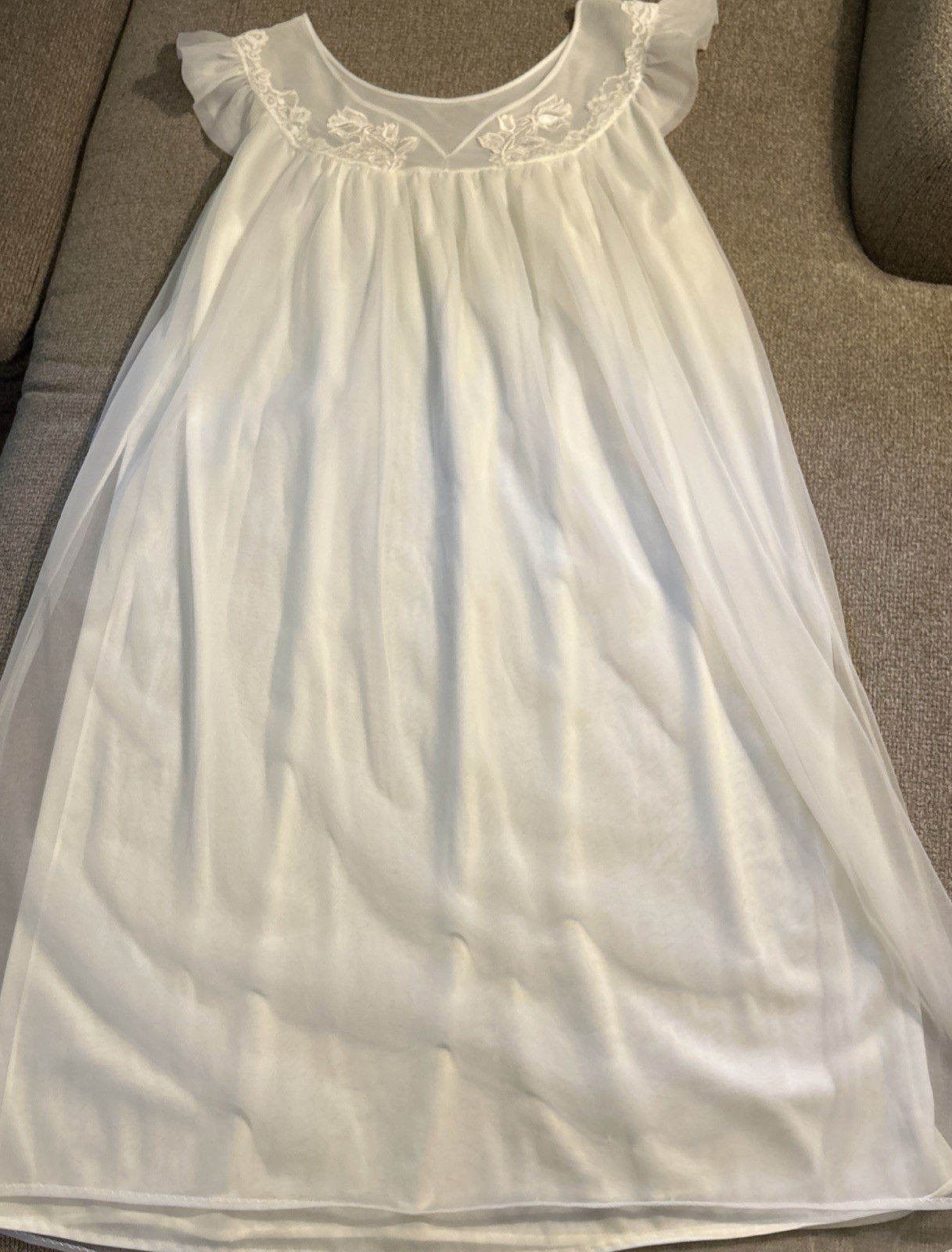VTG 50’s Nightgown Peignoir Set Ivory Nylon Chiffon Lace Applique Coquette Sz 34