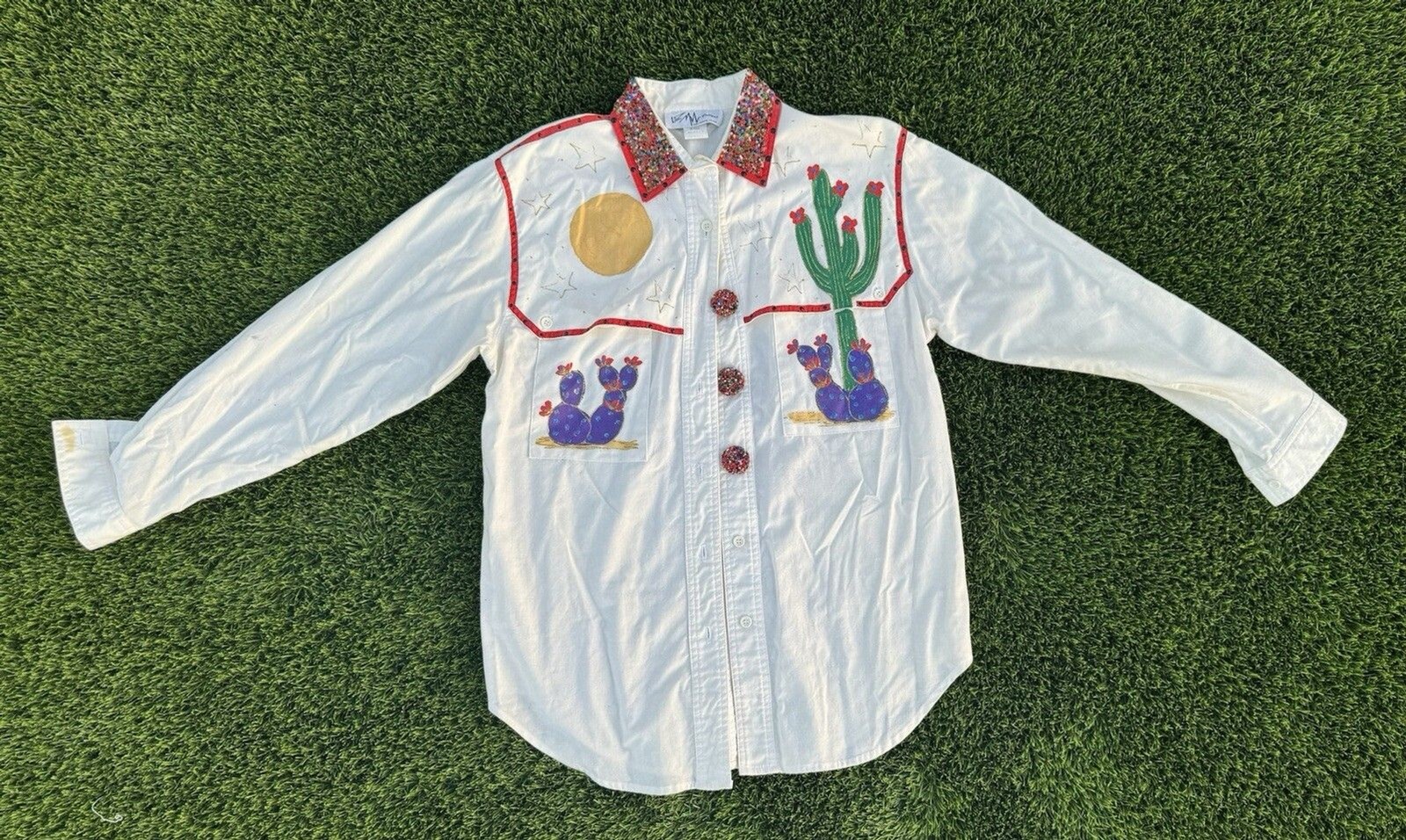 BMW Designs Fort Worth Vintage 80s Southwestern Cactus Beaded Collar Button Up