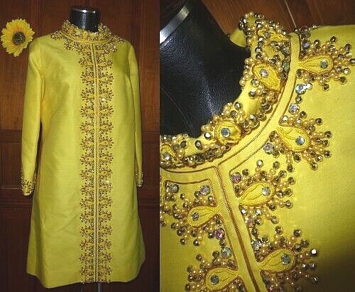 Vtg 60s Yellow Silk JEWELED Rhinestones Pearl Embroidery Cocktail Wedding Dress