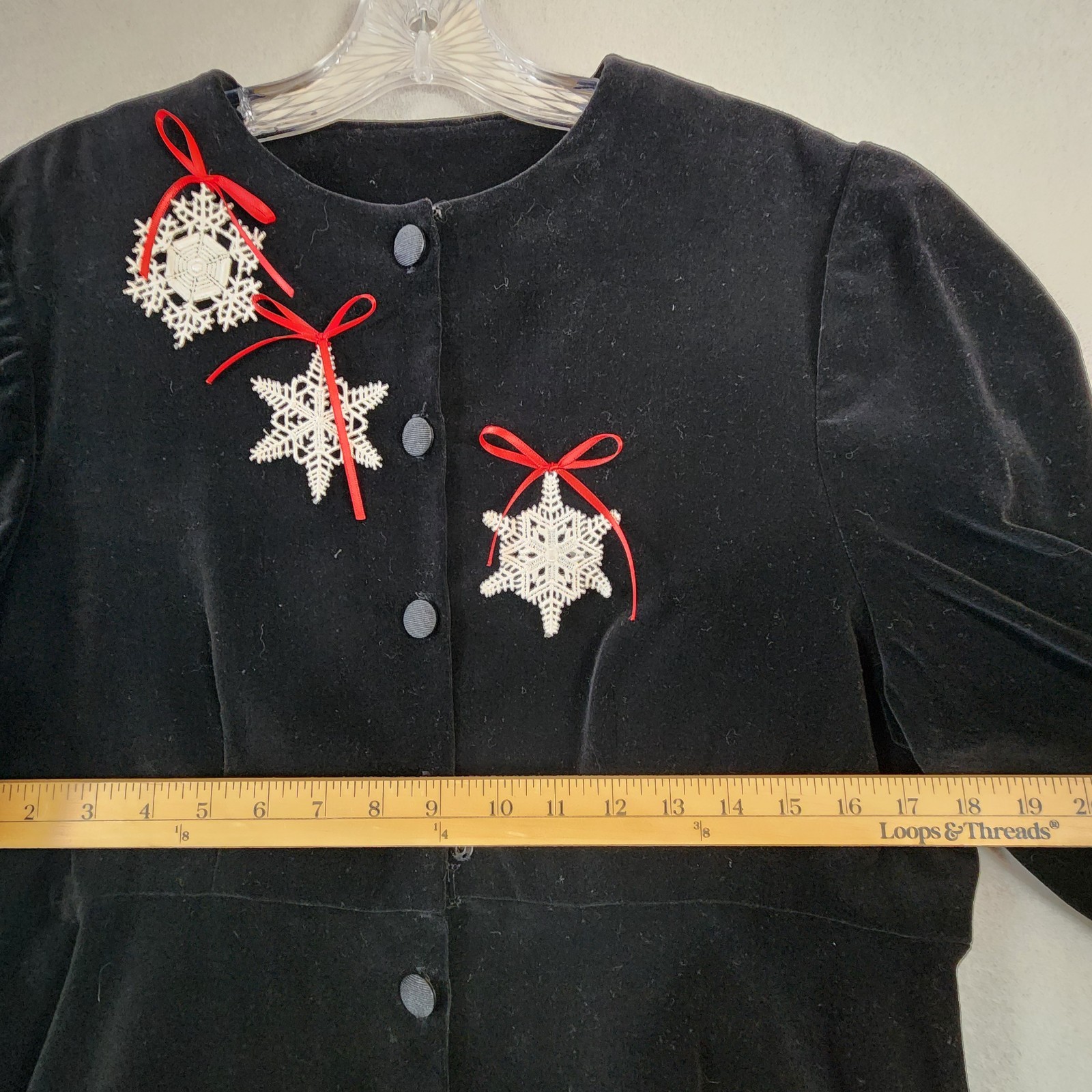 Holiday Dress Black Velvet w/Snowflake Appliqué Red Bows Button Front Long