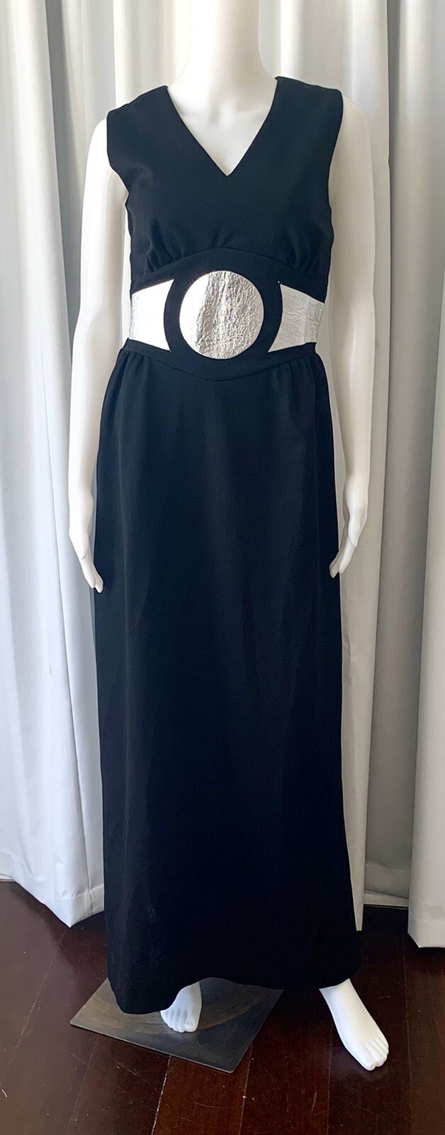 Vintage 60s futuristic Mod black and Silver long dress S