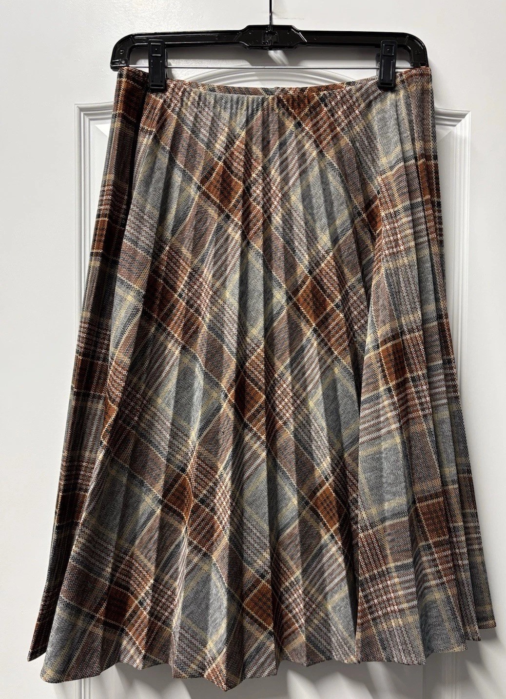 Vintage Pleated Checked Skirt Brown Grey Polyester Academia Classic Size 10 EUC