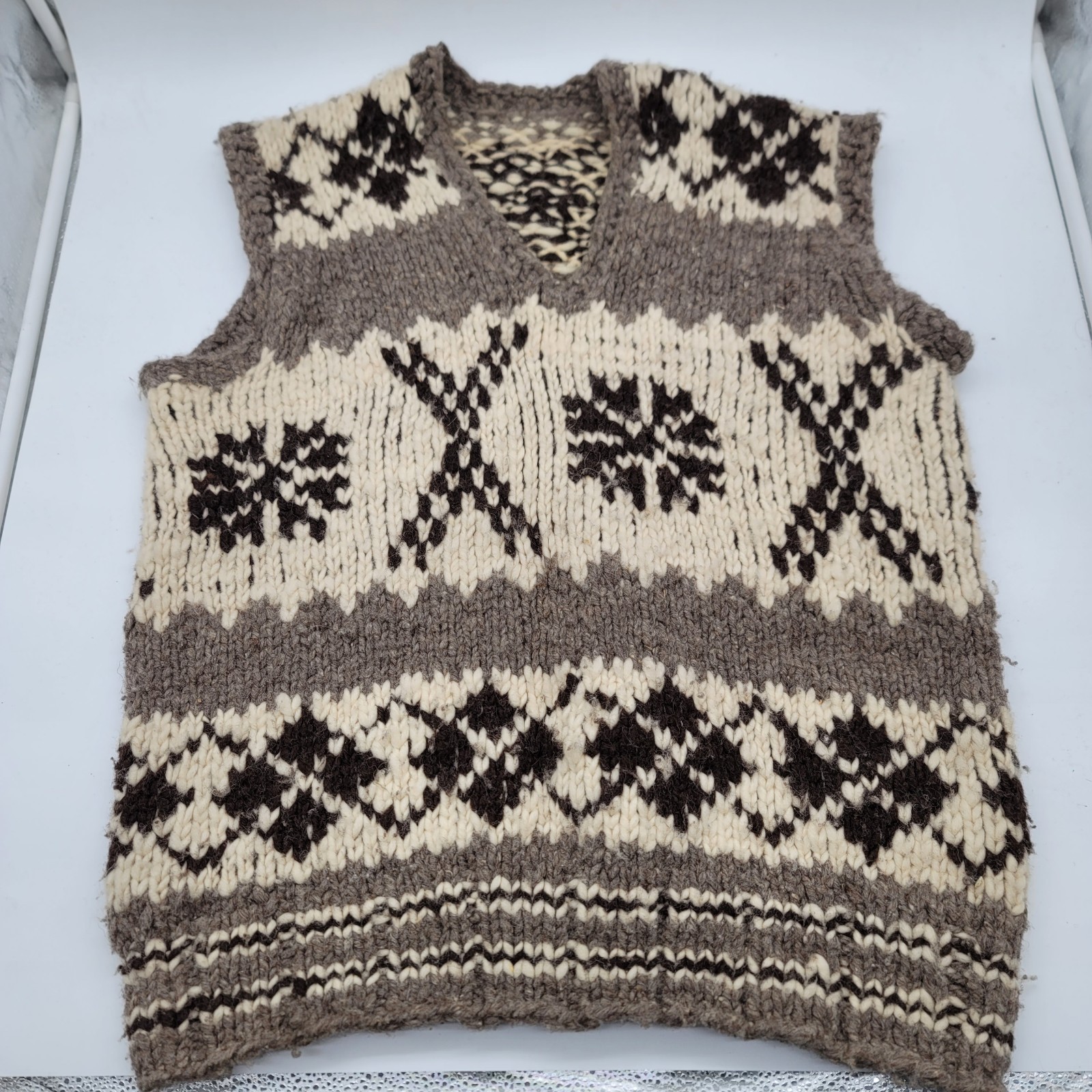 Vintage Handmade Cowichan Wool Vest XL Unisex Heavy Knit Traditional Canada