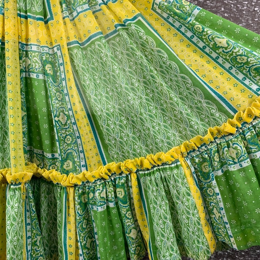 Vintage Handmade Patchwork Dress Ruffled Green/Yellow Boho Cottagecore Women’s