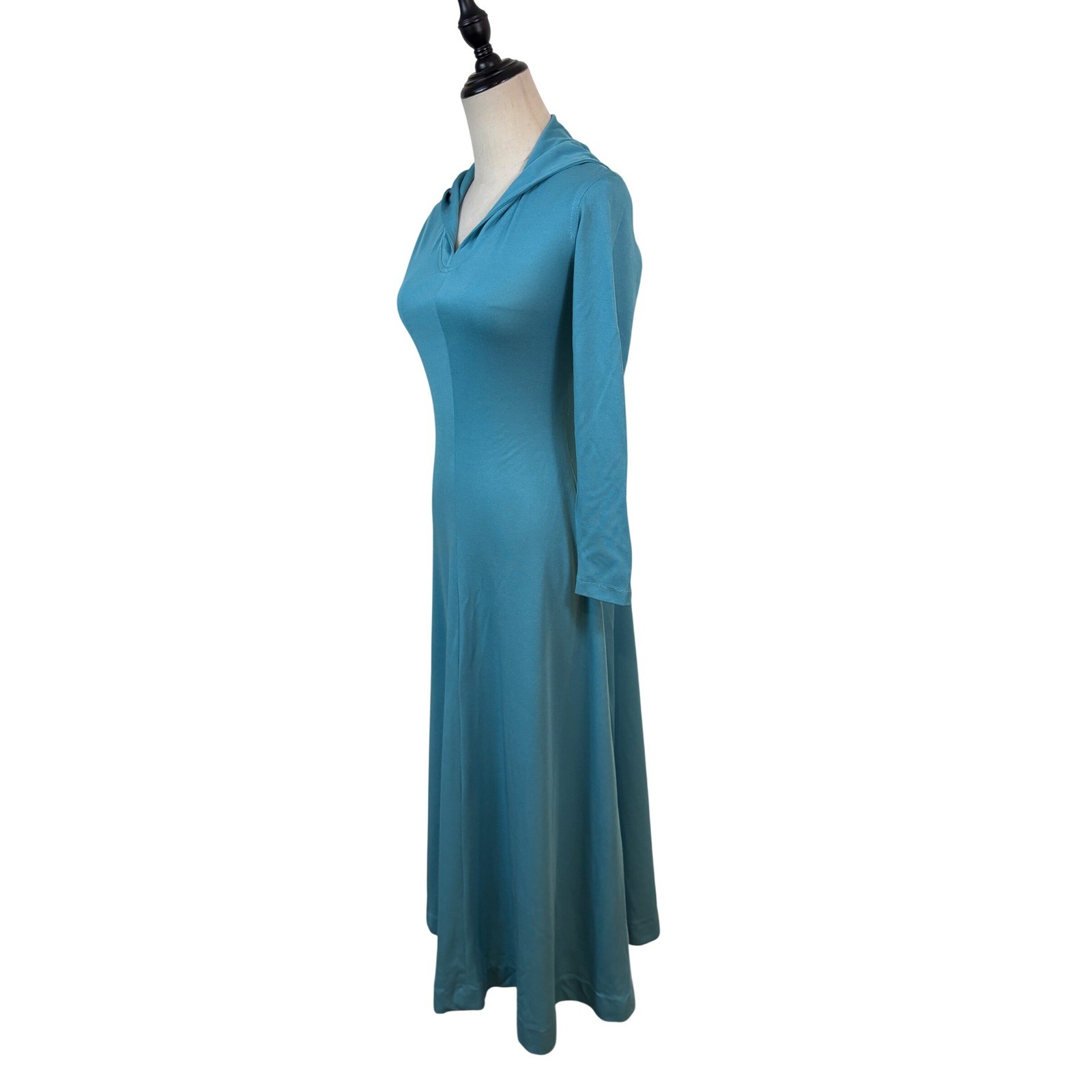 Vintage 70s Jody of California Teal Blue Hooded Maxi Dress Long Sleeve Gown