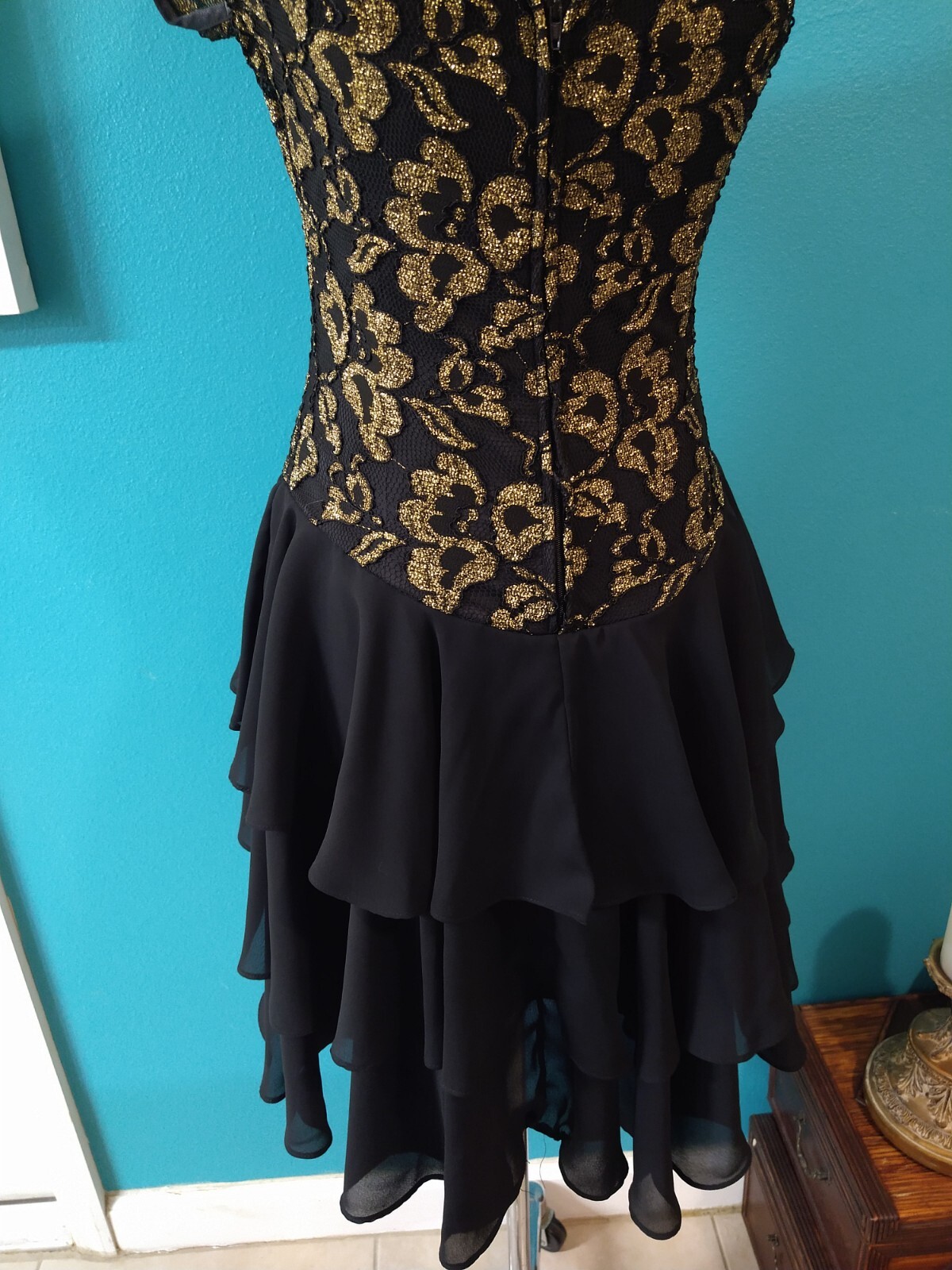 VINTAGE Tiered Party Dress Sheer Gold and Black Lace Floral Late Edition Ltd.