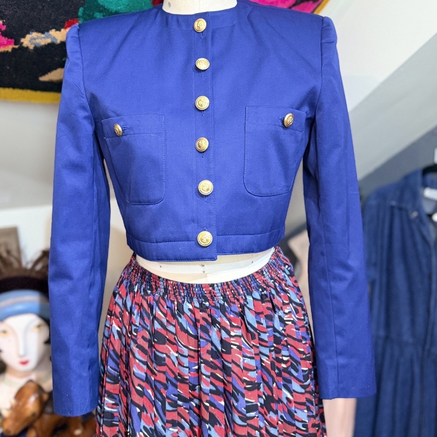 Forenza Vintage 80s Navy Blue Cropped Military Style Jacket Gold Buttons – S