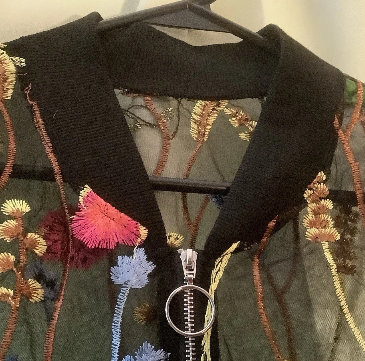 Embroidered Black Sheer Jacket Flowers Emory Rose Nylon Zippered Front Disco