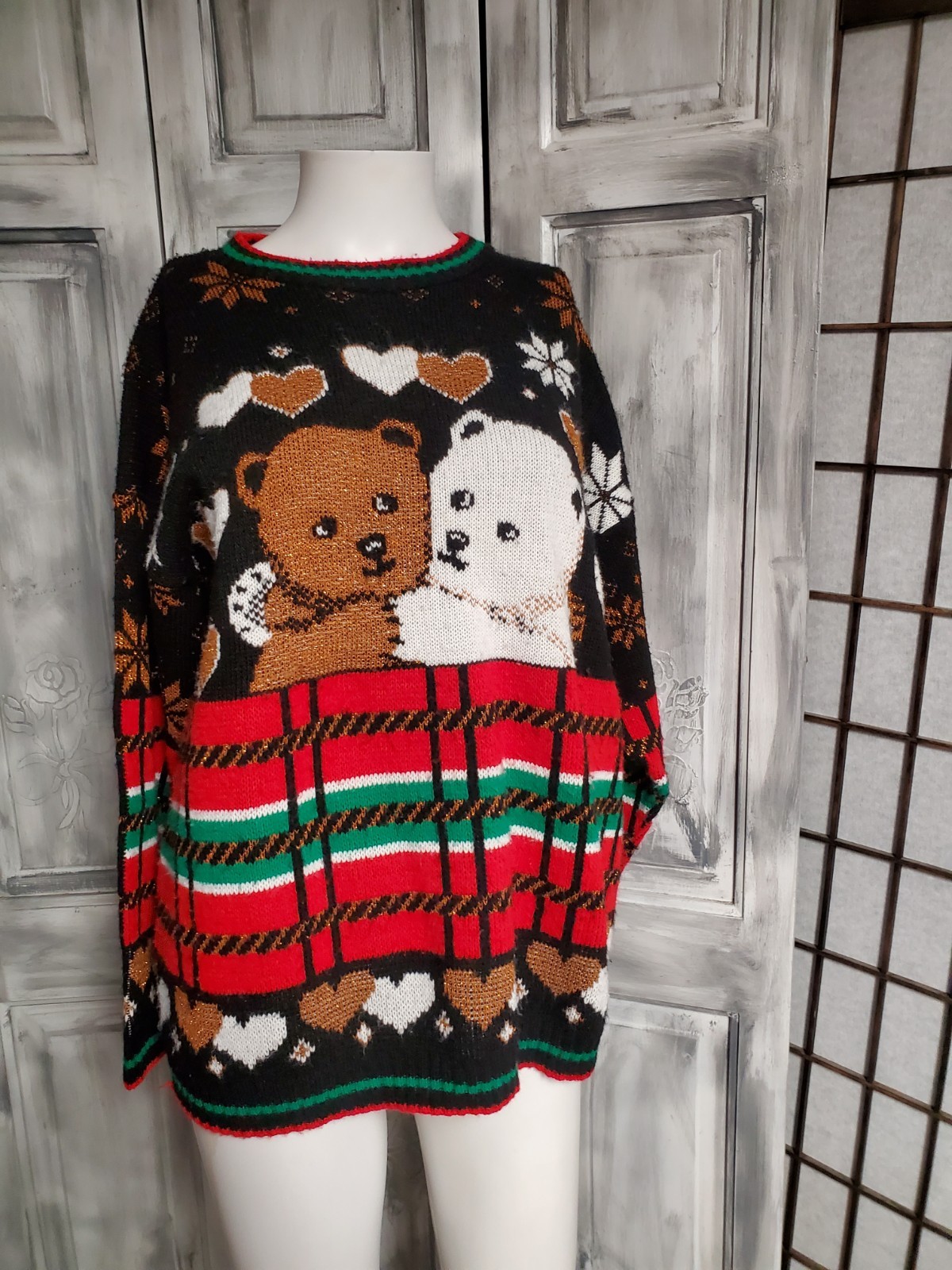 Vtg Adele Knitwear Sz M Ugly Christmas TEDDY BEAR Hearts Sweater 80s Sparkle