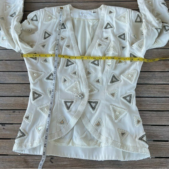 VTG Beaded Evening Jacket Heavily Embellished Winter White Pearl Triangle Sz 10