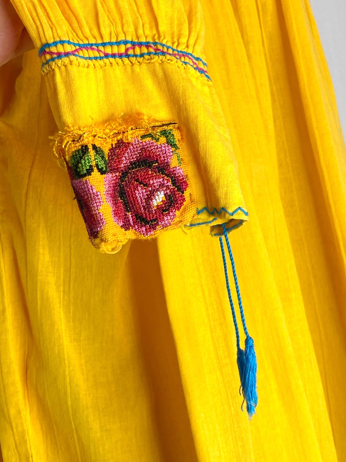 Vintage yellow floral embroidered tunic top long sleeves pink blue cotton boho