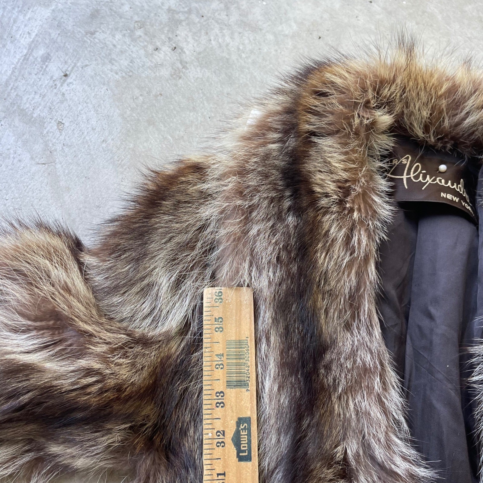 Alixandre New York Vintage Raccoon Fur Coat Brown Grey Shawl Collar Mid Length