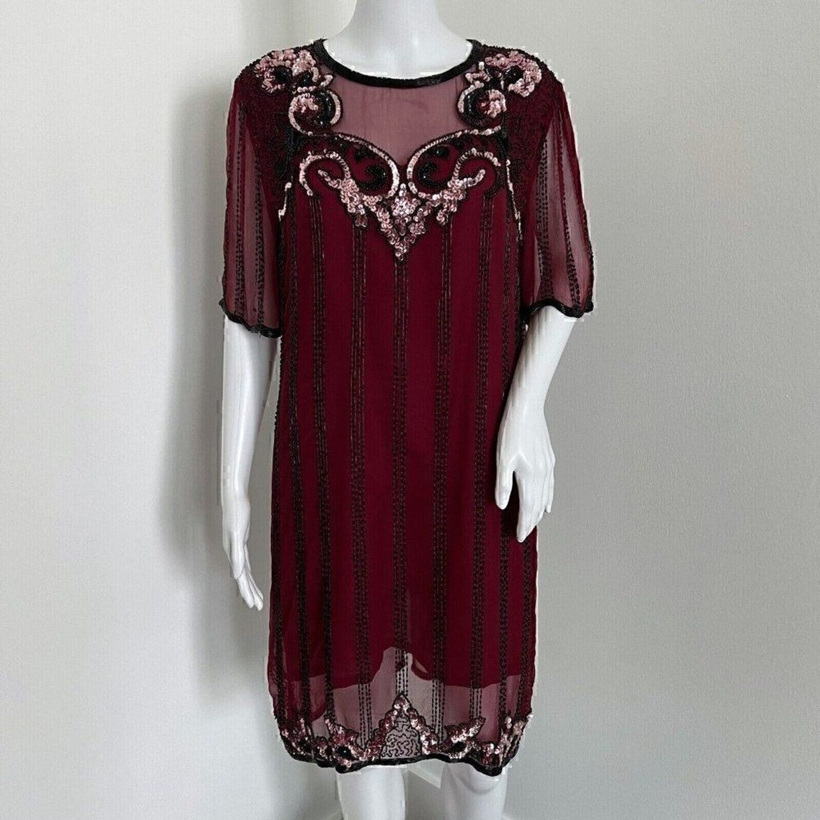 Vintage 90s Jennifer by KVM Party Dress Size M Cranberry Sequin Embroidered Silk